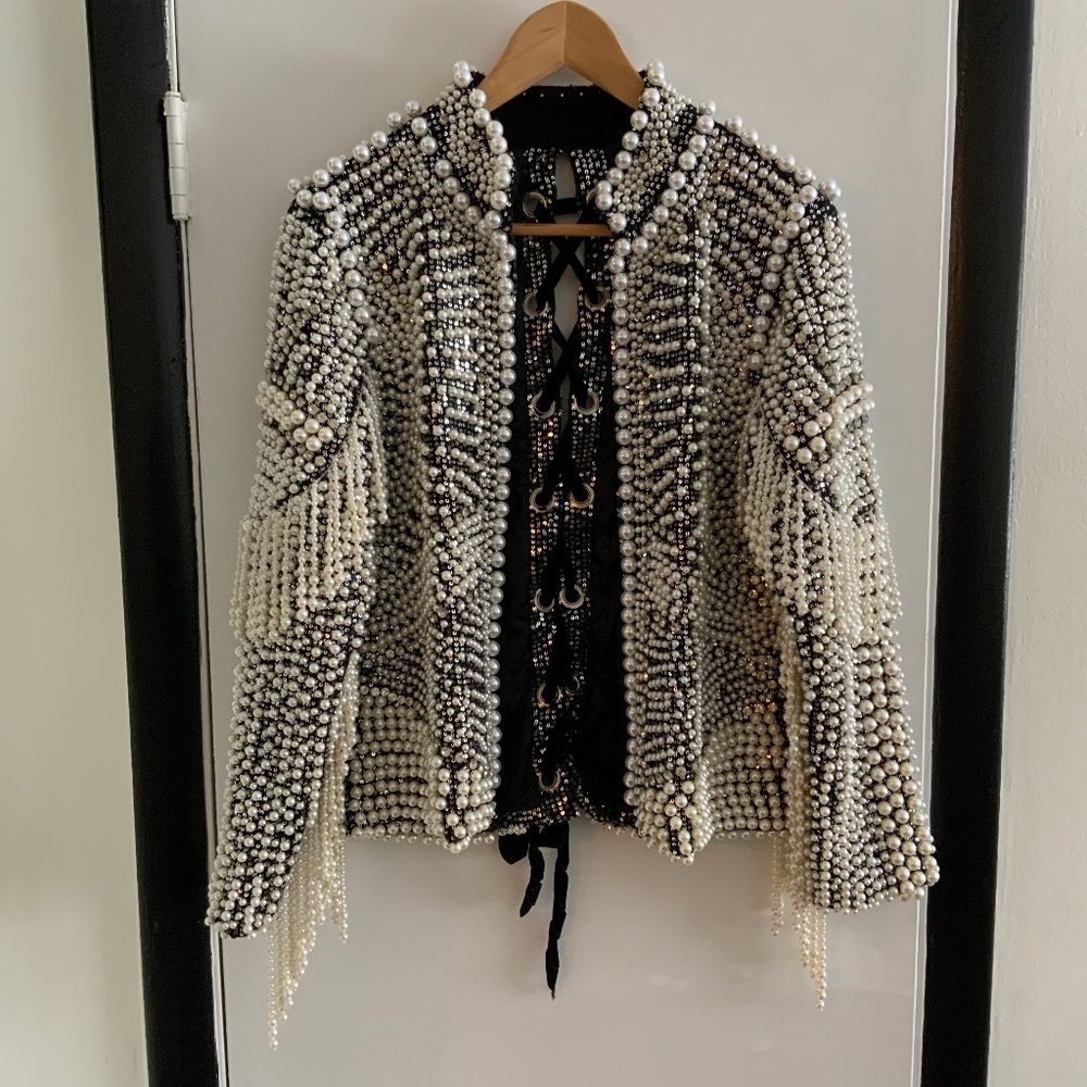 AKIRA Pearl & Sequin Embellished Lace-Up Statement Jacket Size M